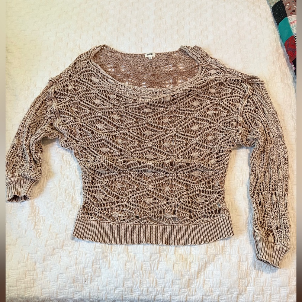 Buckle BKE Washed Pointelle Sweater in Brown and Tan